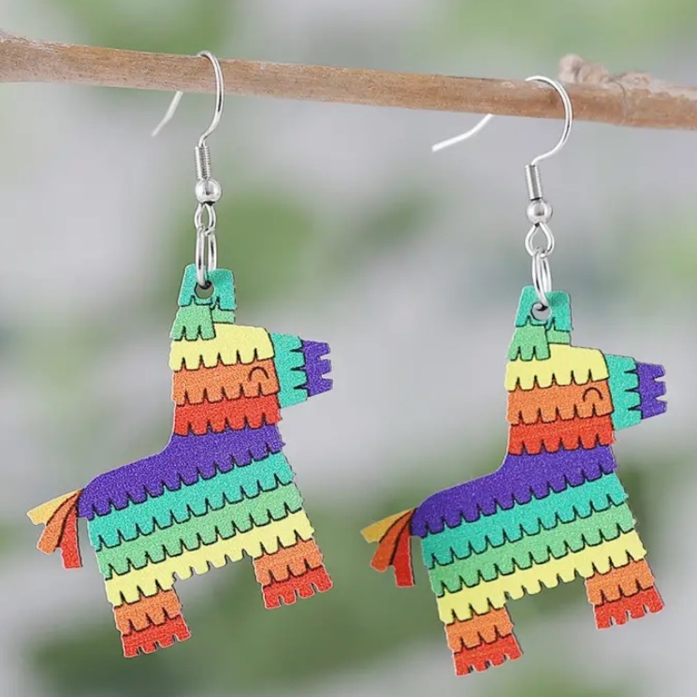 Donkey wooden piñata hook earrings silver tone multicolored Cinco de Mayo nwt